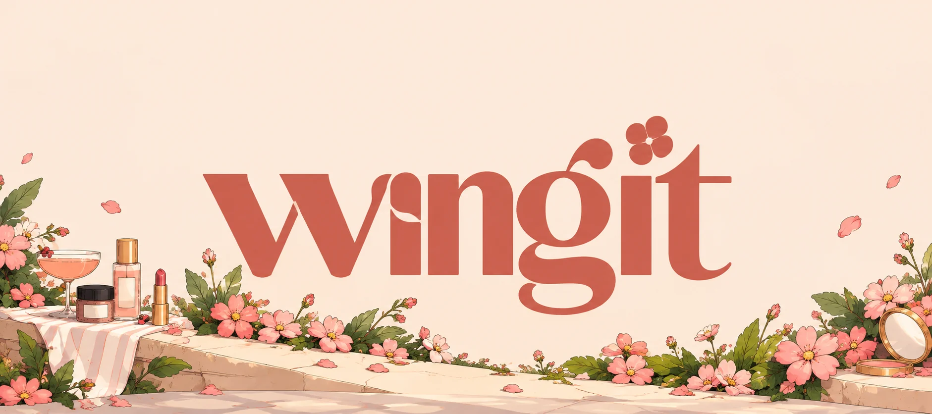 The Wingit wordmark on a sunlit stone ledge, with blossoms, lipstick, perfume, a cream jar and an open compact.